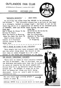 POLICE, Outlandos Fan Club Newsletter Sept 1980