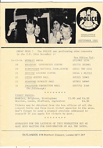 Outlandos Fan Club Newsletter Sept 1981
