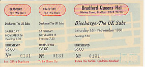 Bradford 16/11/91 unused gig ticket